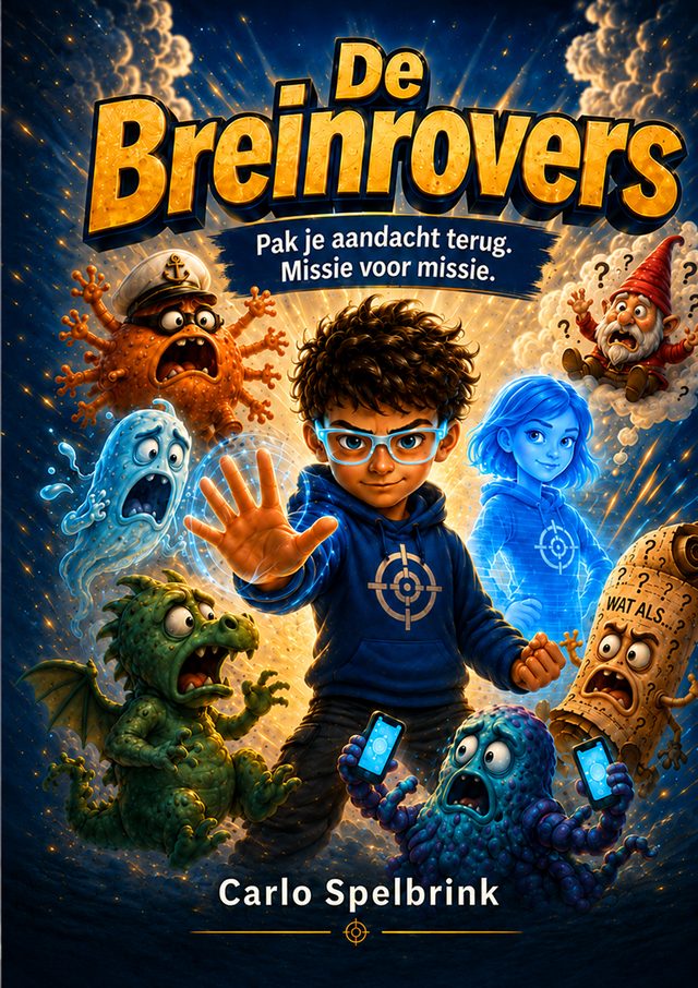 Omslag van De Breinrovers: een jongen met een blauwe bril houdt zes cartoonachtige schurken tegen.